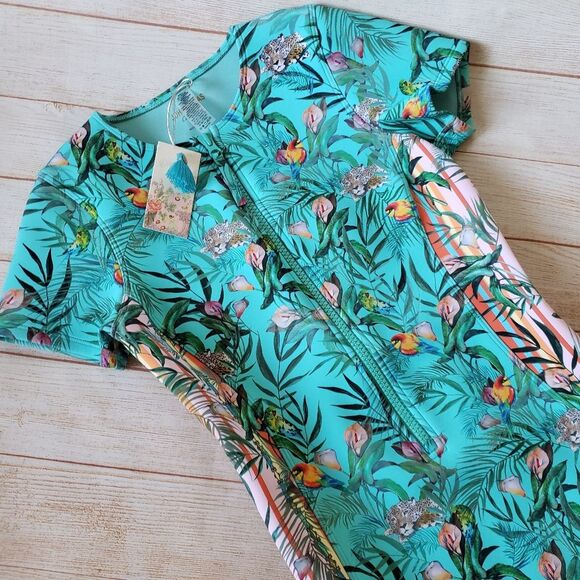 Johnny Was Taina Animal Tropical Neoprene Short Sleeve One-Piece Swimsuit Small - Picture 5 of 13